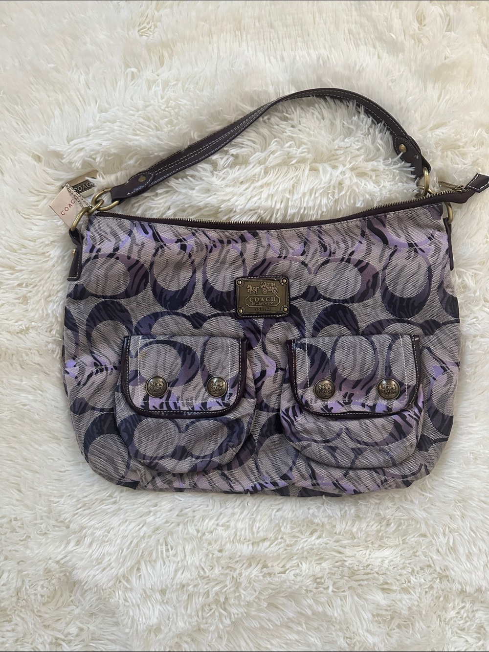 Coach Lilac and Gray Signature Shoulder Bag with Dual Front Pockets